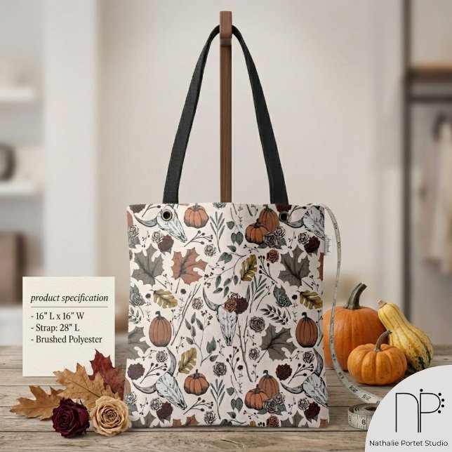 Elegant Fall Cow Skull Tote Bag (Hand drawn cow skull and fall harvest ink art tote bag with a chic noir aesthetic)