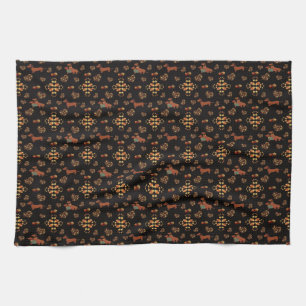 Elegant Fall Dachshund Pattern: Autumn Blooms Tea Towel