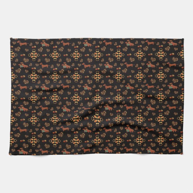 Elegant Fall Dachshund Pattern: Autumn Blooms Tea Towel (Horizontal)