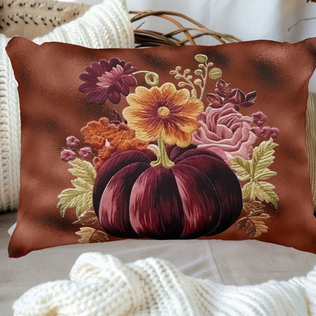 Elegant Fall Embroidered Pumpkin Flowers Decorative Cushion (Creator Uploaded)