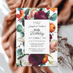 Elegant Fall Floral 80th Birthday Party Invitation<br><div class="desc">A modern fall floral birthday party invitation with rich romantic colours of burgundy red, russet orange, blush pink and teal green leaves in a lovely floral border surrounding your text. The back of the invitation has a matching floral bouquet making a uniquely charming invitation. These colours are often used from...</div>