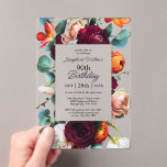 Elegant Fall Floral 90th Birthday Party Acrylic Invitations<br><div class="desc">A modern acrylic fall floral birthday party invitation that exudes warmth and elegance with rich romantic colours of burgundy red, russet orange, blush pink and teal green leaves in a lovely floral border surrounding your text. These colours are often used from mid-summer into fall and through the winter months. Personalise...</div>