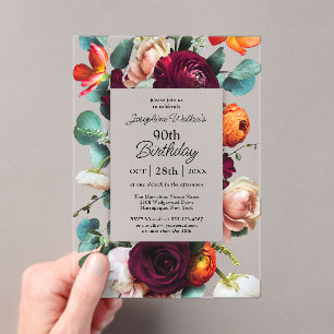 Elegant Fall Floral 90th Birthday Party Acrylic Invitations