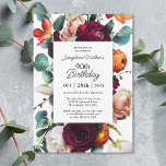 Elegant Fall Floral 90th Birthday Party Invitation<br><div class="desc">A modern fall floral birthday party invitation that exudes warmth and elegance with rich romantic colours of burgundy red, russet orange, blush pink and teal green leaves in a lovely floral border surrounding your text. The back of the invitation has a matching floral bouquet making a uniquely charming invitation. These...</div>