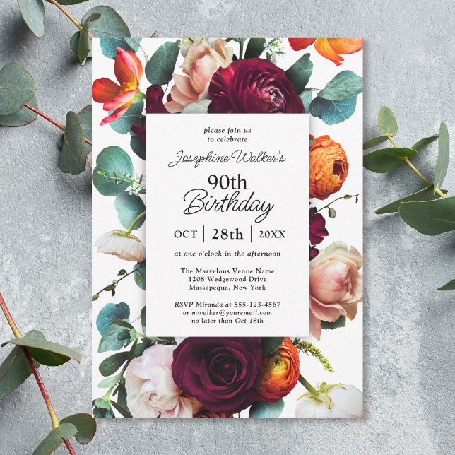 Elegant Fall Floral 90th Birthday Party Invitation (Available in both printed and instant download digital formats.)