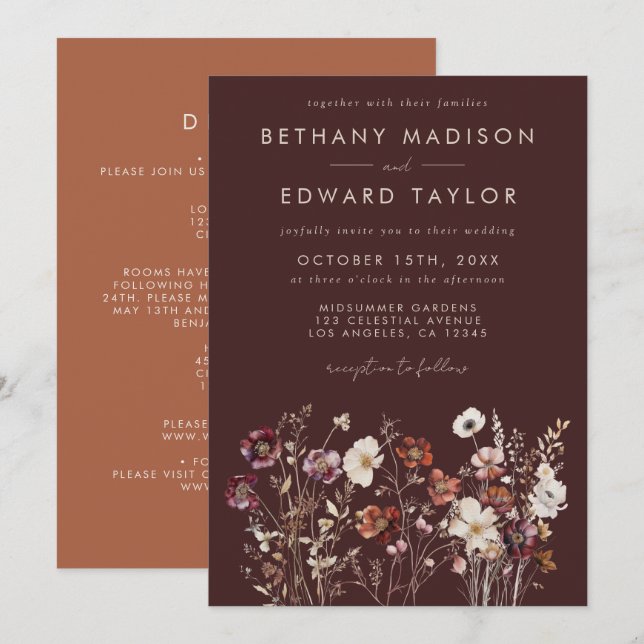 Elegant Fall Floral All In One Wedding Invitation (Front/Back)