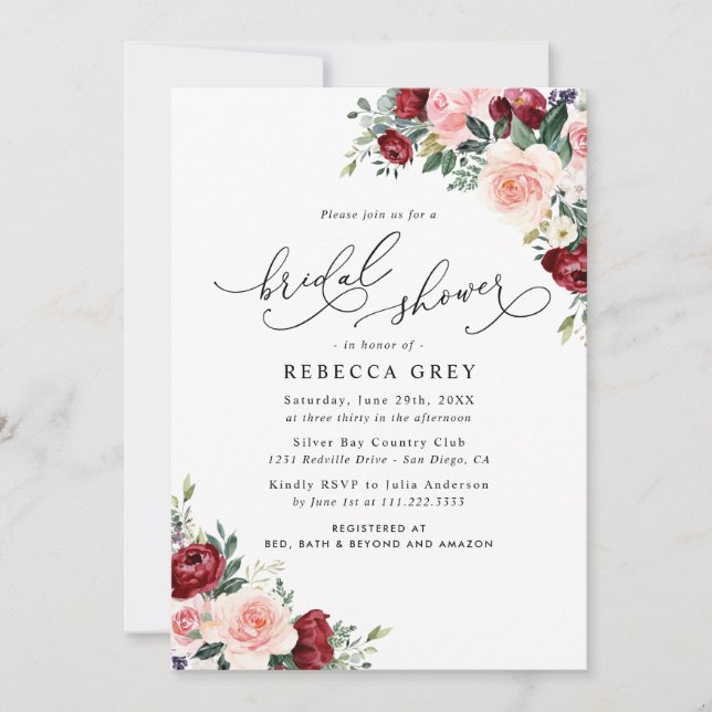 Elegant Fall Floral Burgundy Blush Bridal Shower Invitation (Front)
