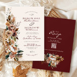 Elegant Fall Floral Burgundy Boho Autumn Wedding Invitation<br><div class="desc">Personalise this elegant and rustic Fall floral all-in-one Autumn wedding invitation featuring soft terracotta orange, brown, burgundy and sage green botanical flowers and leaves along the left-hand side with simple script typography over a soft creamy ivory background on the front, with QR code and wedding website over a classy deep...</div>