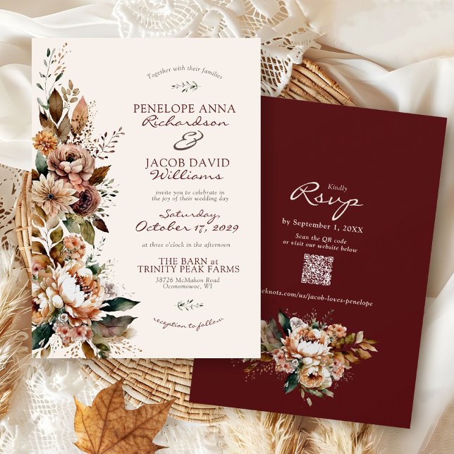Elegant Fall Floral Burgundy Boho Autumn Wedding Invitation (Elegant watercolor Fall floral burgundy ivory terracotta rustic Autumn QR code wedding invitation)