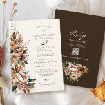 Elegant Fall Floral Dark Brown Boho Autumn Wedding Invitation<br><div class="desc">Personalise this elegant and rustic Fall floral all-in-one Autumn wedding invitation featuring soft terracotta orange, brown, burgundy and sage green botanical flowers and leaves along the left-hand side with simple sage green script typography over a soft creamy ivory background on the front, with QR code and wedding website over a...</div>