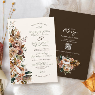 Elegant Fall Floral Dark Brown Boho Autumn Wedding Invitation