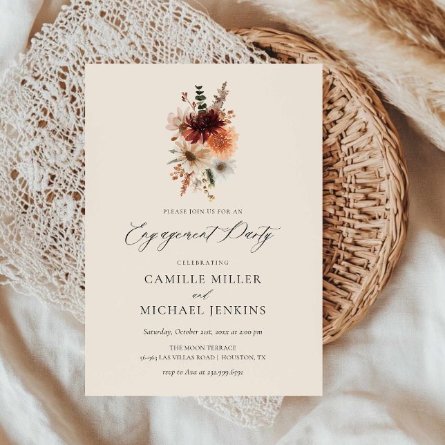 Elegant Fall Floral Engagement Party Invitation (Burgundy Fall Floral Engagement Party Invitation)