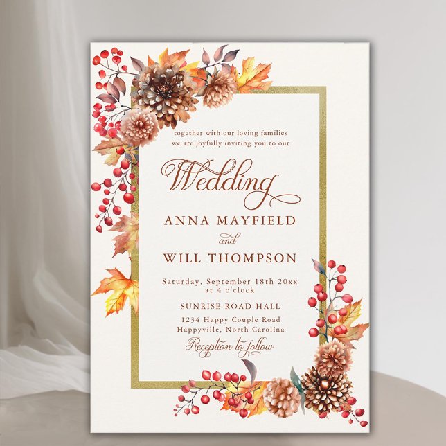 Elegant Fall Floral Gold Frame Romantic Wedding Invitation (fall floral gold frame elegant rustic boho autumn wedding invitation modern calligraphy terracotta)