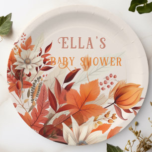 Elegant fall floral leaves baby shower  paper plate