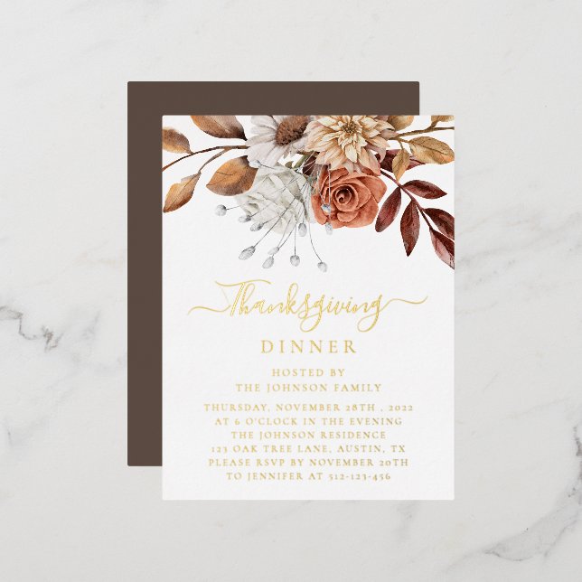 Elegant Fall Floral Leaves Thanksgiving Dinner Foil Invitation Postcard (Front/Back)