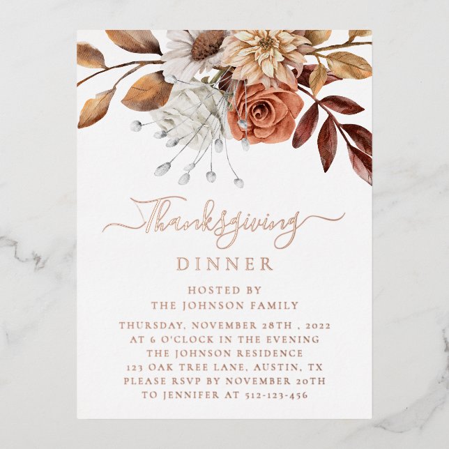 Elegant Fall Floral Leaves Thanksgiving Rose Gold Foil Invitation Postcard (Front)