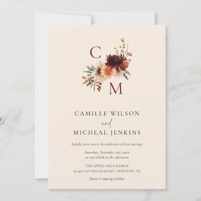 Elegant Fall Floral Monogram Wedding Invitation (Front)