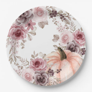 Elegant Fall Floral Pumpkin Neutrals Watercolor  Paper Plate