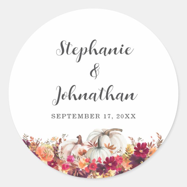 Elegant Fall Floral Pumpkin Wedding Classic Round Sticker (Front)