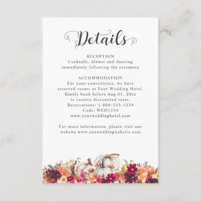 Elegant Fall Floral Pumpkin Wedding Details Enclosure Card (Front)