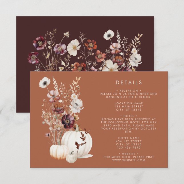 Elegant Fall Floral Pumpkin Wedding Enclosure Card (Front/Back)