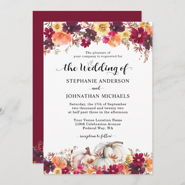 Elegant Fall Floral Pumpkin Wedding Invitation (Front/Back)
