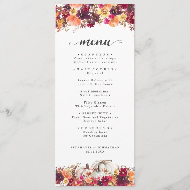 Elegant Fall Floral Pumpkin Wedding Menu (Front)