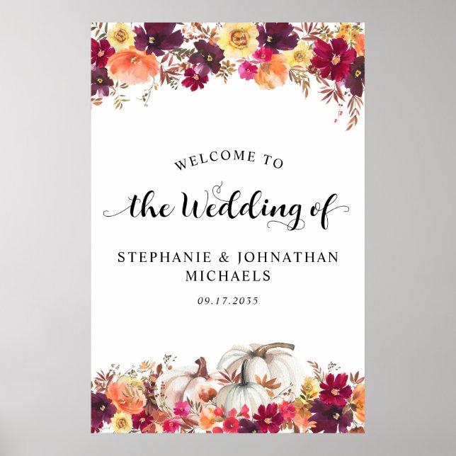 Elegant Fall Floral Pumpkin Wedding Welcome Poster (Front)