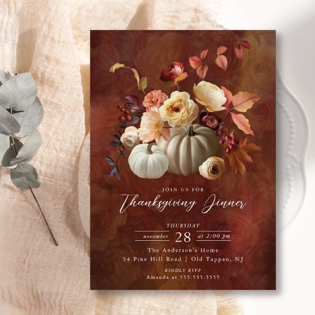 Elegant Fall Floral & Pumpkins Thanksgiving Invitation (Creator Uploaded)