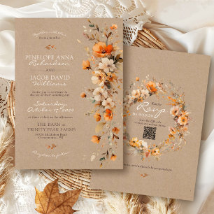 Elegant Fall Floral Rustic Kraft Autumn QR Wedding Invitation