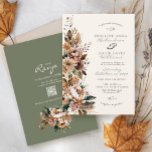 Elegant Fall Floral Sage Green Boho Autumn Wedding Invitation<br><div class="desc">Personalise this elegant and rustic Fall floral all-in-one Autumn wedding invitation featuring soft terracotta orange, brown, burgundy and sage green botanical flowers and leaves along the left-hand side with simple script typography over a soft creamy ivory background on the front, with QR code and wedding website over a classy sage...</div>