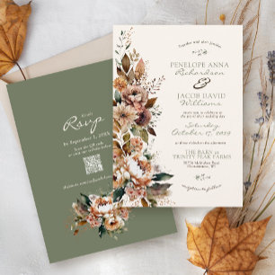 Elegant Fall Floral Sage Green Boho Autumn Wedding Invitation