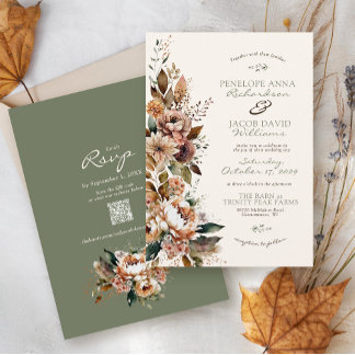Elegant Fall Floral Sage Green Boho Autumn Wedding Invitation