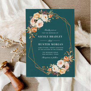 elegant fall floral teal geometric wedding invitation