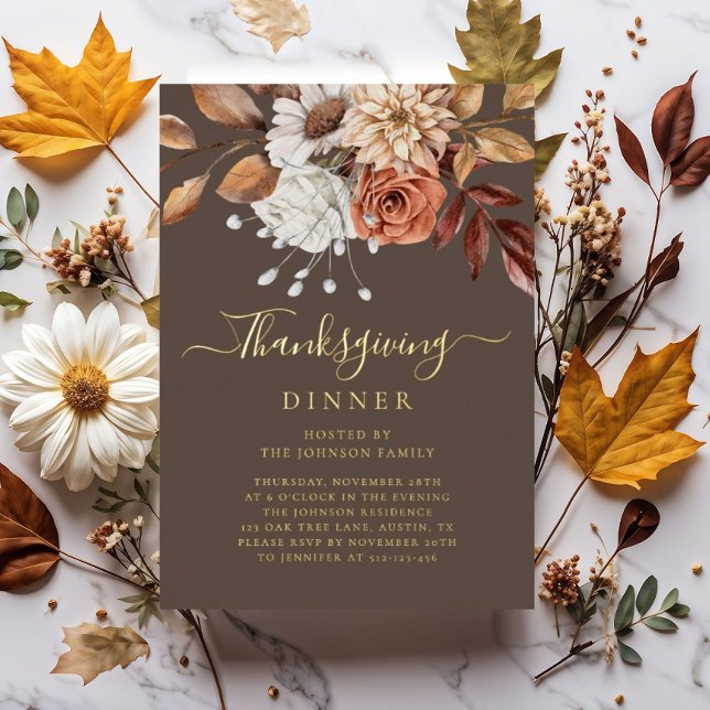Elegant Fall Floral Thanksgiving Dinner Gold (Elegant Fall Floral Thanksgiving Dinner Gold Foil Invitation)