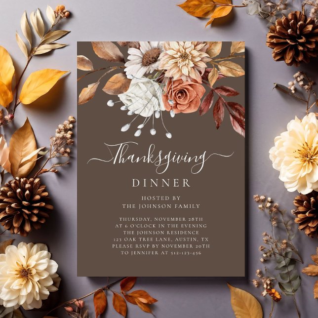 Elegant Fall Floral Thanksgiving Dinner Invitation (Elegant Fall Floral Thanksgiving Dinner Invitation)