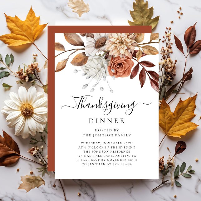Elegant Fall Floral Thanksgiving Dinner  Invitation (Elegant Fall Floral Thanksgiving Dinner Invitation)