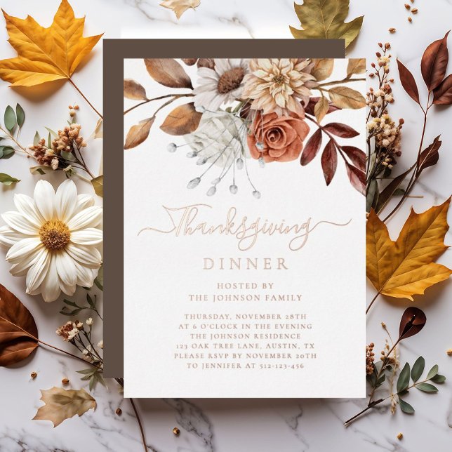 Elegant Fall Floral Thanksgiving Dinner Rose Gold (Elegant Fall Floral Thanksgiving Dinner Rose Gold Foil Invitation)