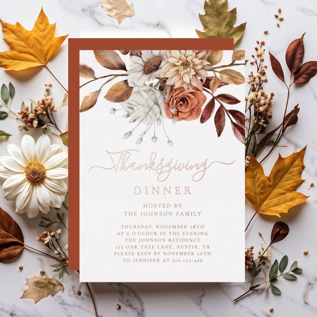 Elegant Fall Floral Thanksgiving Dinner Rose Gold (Elegant Fall Floral Thanksgiving Dinner Rose Gold Foil Invitation)