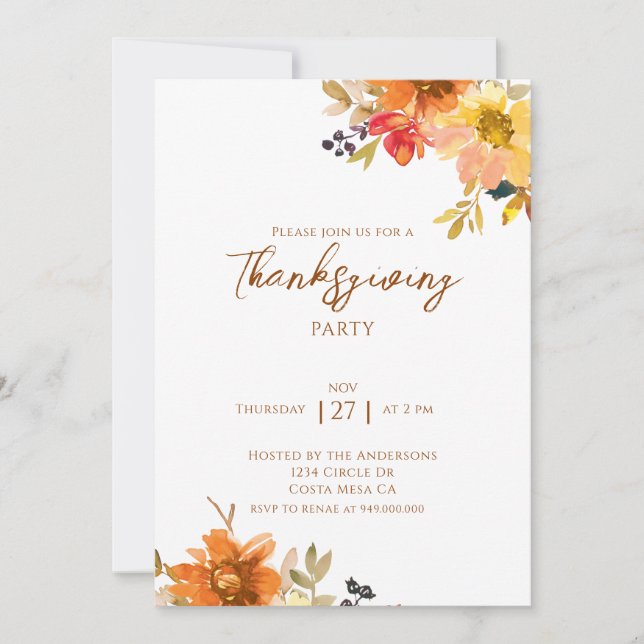 Elegant Fall Floral Thanksgiving Party  Invitation (Front)