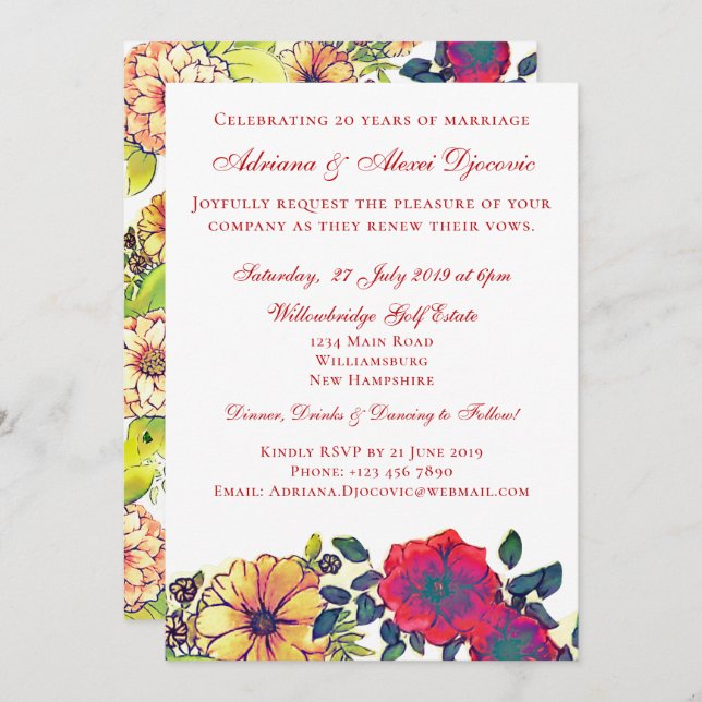 Elegant Fall Floral Watercolor Vow Renewal Wedding Invitation (Front/Back)