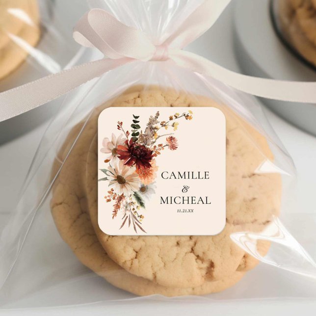 Elegant Fall Floral Wedding Square Sticker (Boho Floral Wedding Favor Sticker)