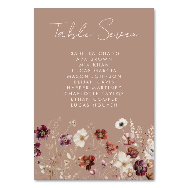 Elegant Fall Floral Wedding Table Number (Front)