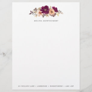 Elegant Fall Flowers Burgundy Personalised Custom Letterhead