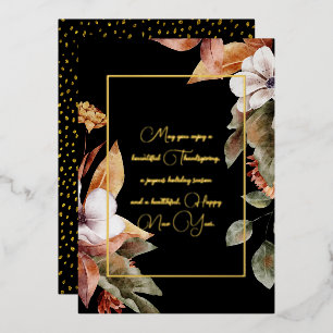 Elegant Fall Flowers & Leaves Gold Script Black