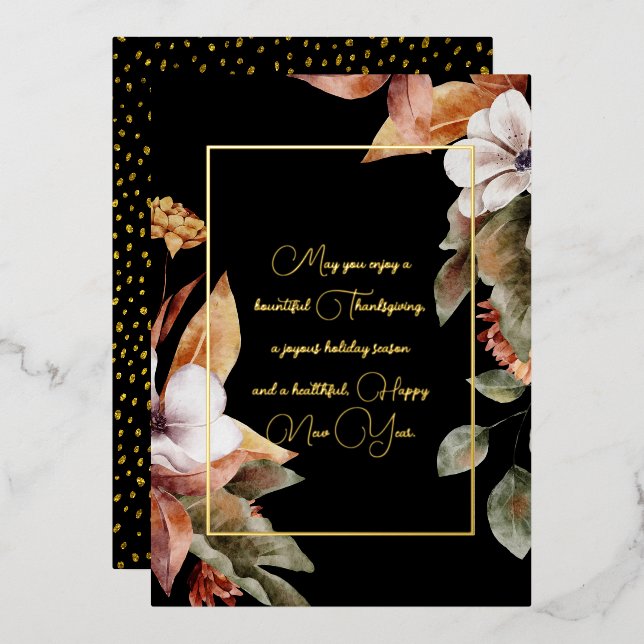 Elegant Fall Flowers & Leaves Gold Script Black (Front/Back)