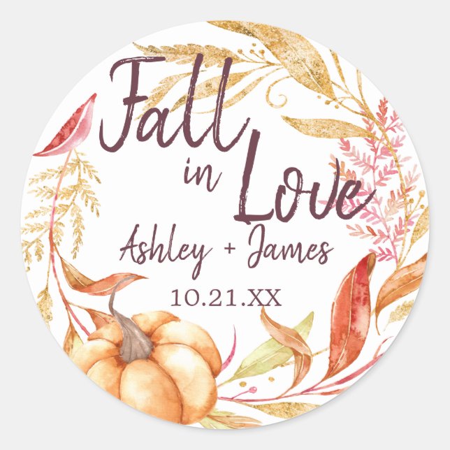 Elegant Fall in Love Autumn Wedding Monogram Classic Round Sticker (Front)