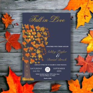 Elegant Fall in Love Carved Tree Navy Blue Wedding Invitation