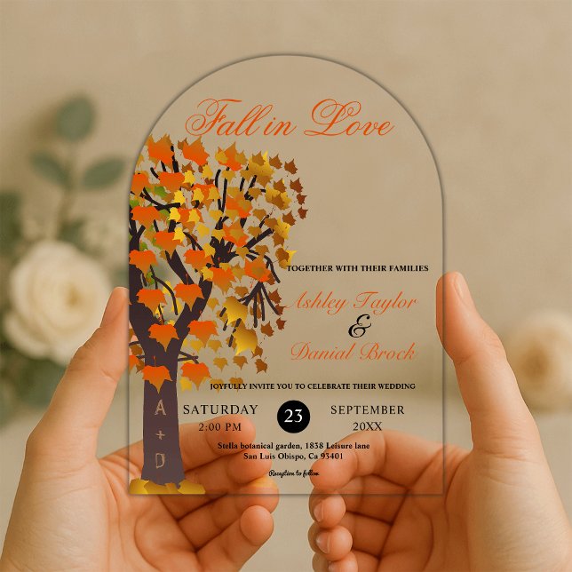 Elegant Fall in Love Carved Tree Romantic Wedding Acrylic Invitations (Creator Uploaded)