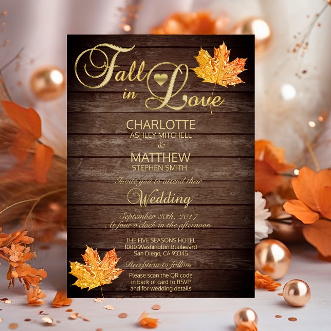 Elegant FALL in LOVE Rustic Wood Wedding QR Code Invitation (Elegant FALL in LOVE Rustic Wood Wedding QR Code Invitation)